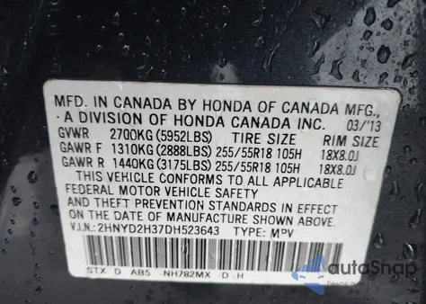 2013 Acura Mdx Technology Package z USA, uszkodzony, nr VIN 2HNYD2H37DH523643